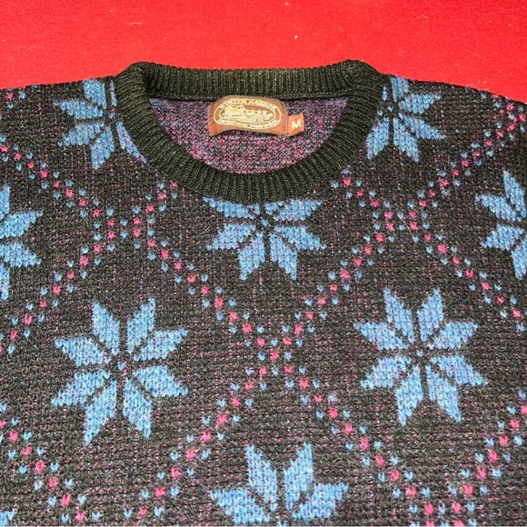 Snowflakes blue FAIR ISLE Black purple WOOL Sweater Geometric mens Medium 90s M - Picture 8 of 13